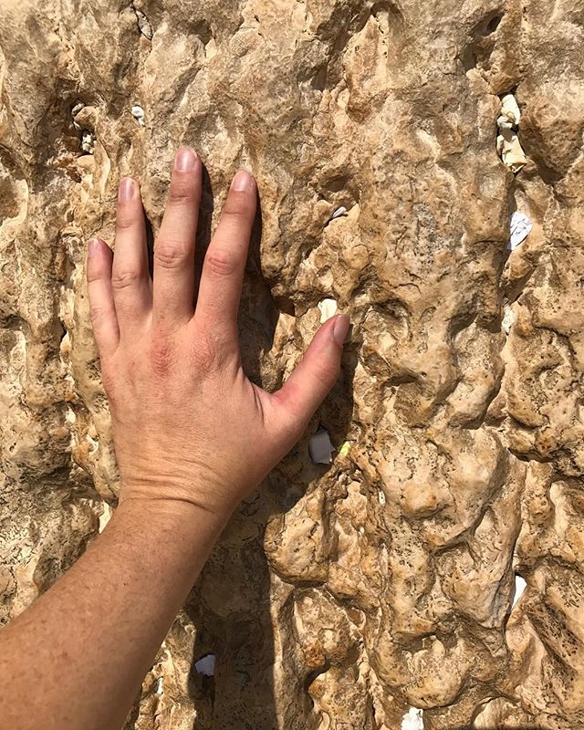 Touching The Western Wall - Jerusalem, Israel.  This wall was built by Herod The Great in the year 19 BC.  Making it over 2036 years old give or take...