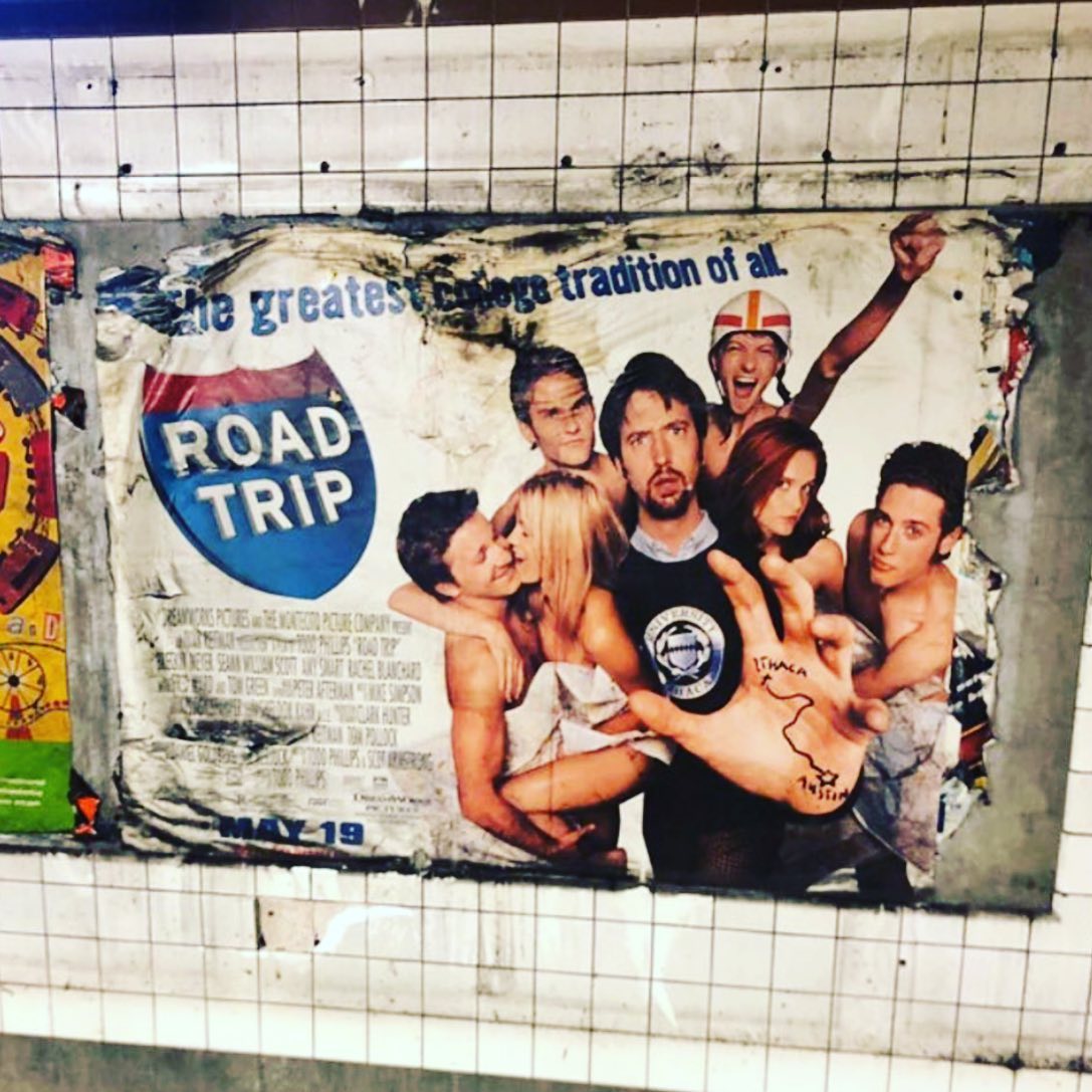 Found on Reddit:  Someone peeled off 20 years of posters to reveal this Road Trip poster from the year 2000.  Awesome!  Thanks @daveengland from @jackassworld for sending me this!  Rock on Dave!